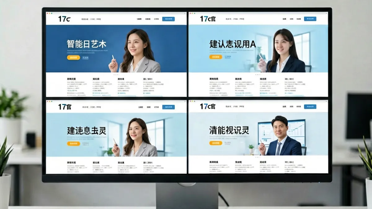 17c官网与多个同类平台在电脑屏幕上并排展示，对比界面风格与内容布局的差异